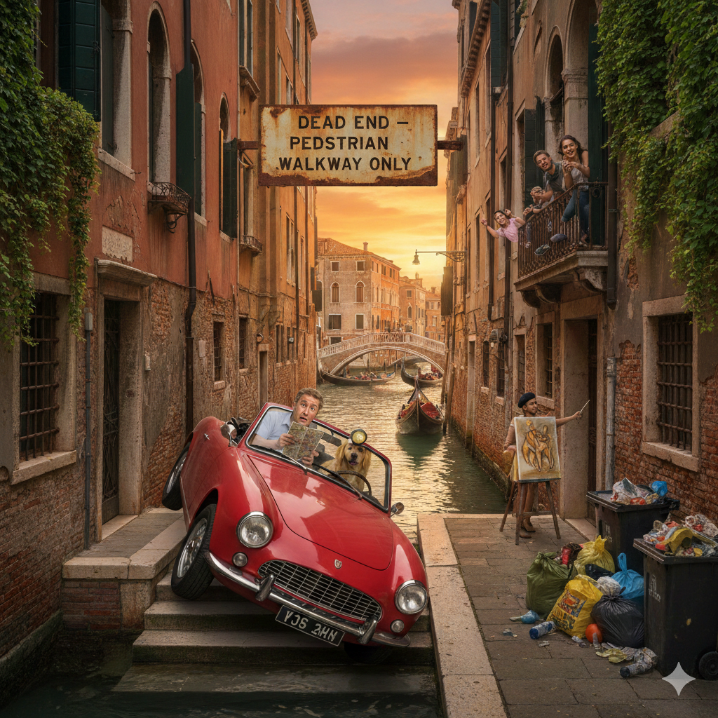 Confused man in a red car at a dead end